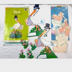 Vintage 1979 Beistle Honeycomb Stork Pair Baby Shower Decor with Amscan Stork